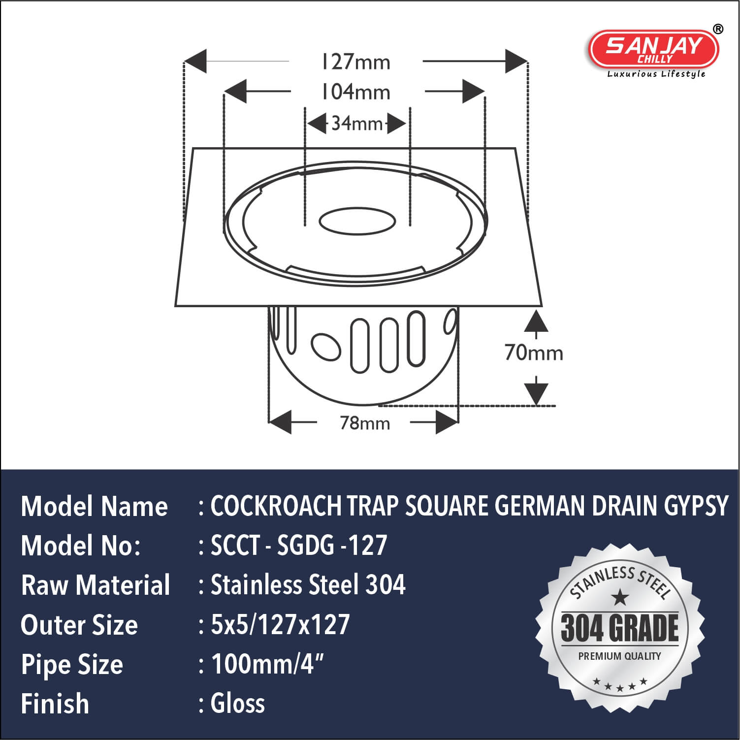 SCCT Square German Drain Gypsy