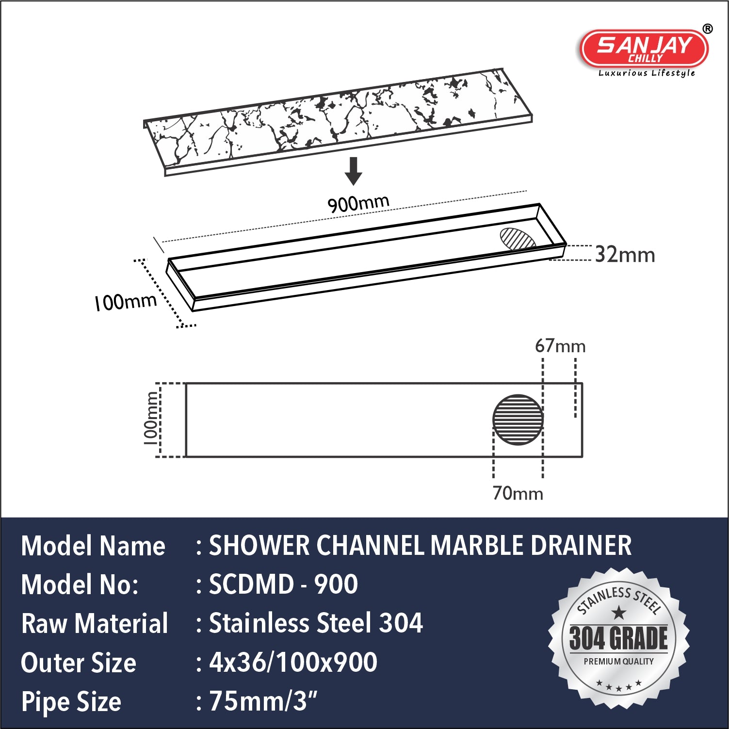 Shower Channel Marble Drainer