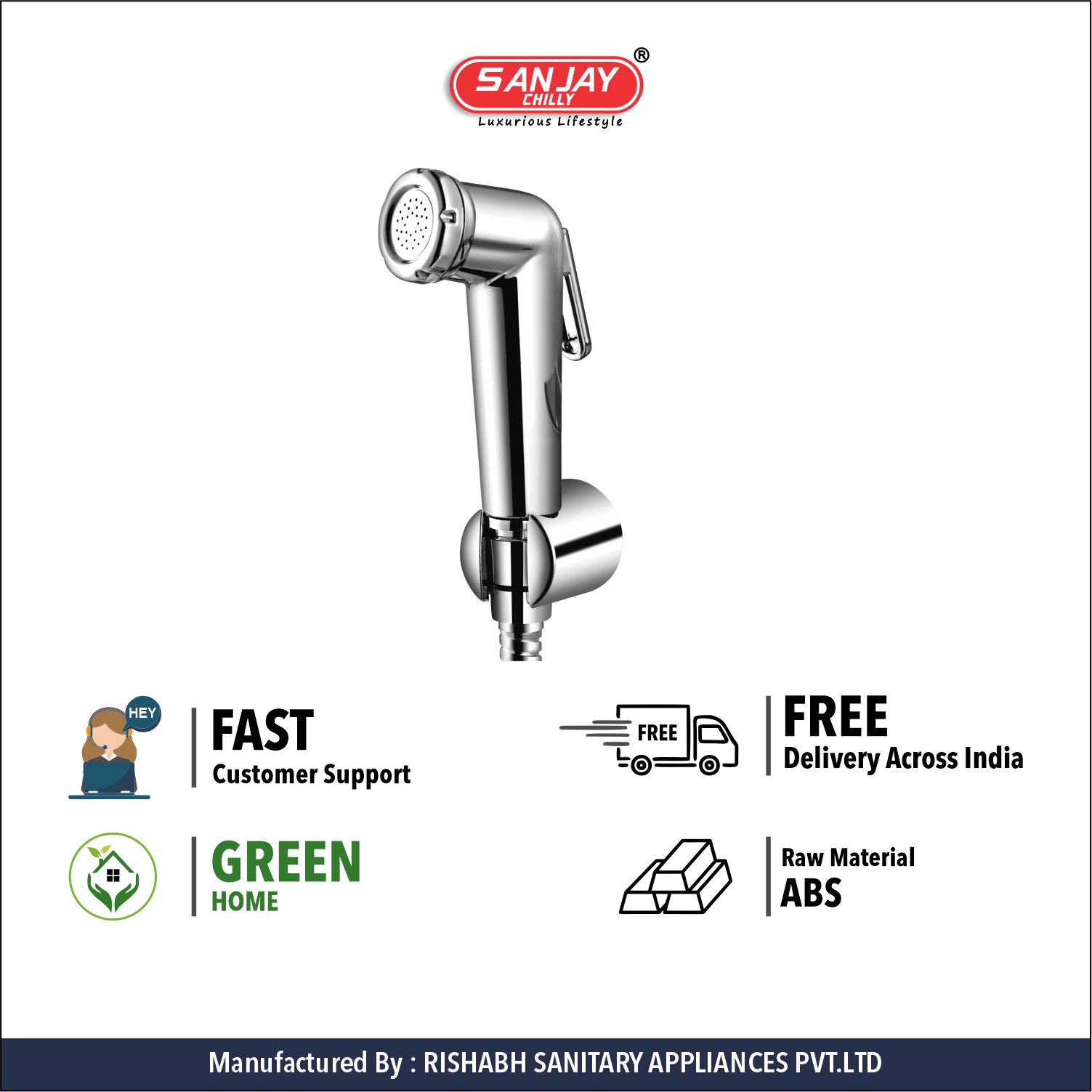 Health Faucet Kent ABS Body Chrome Plated with Brass Fittings SS 304 Hose 1mtr