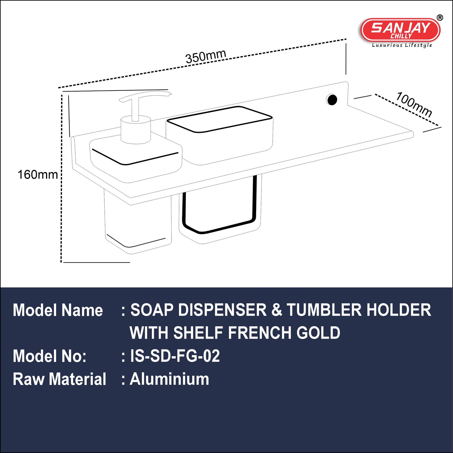 Soap Dispenser & Tumbler Holder With Shelf French Gold
