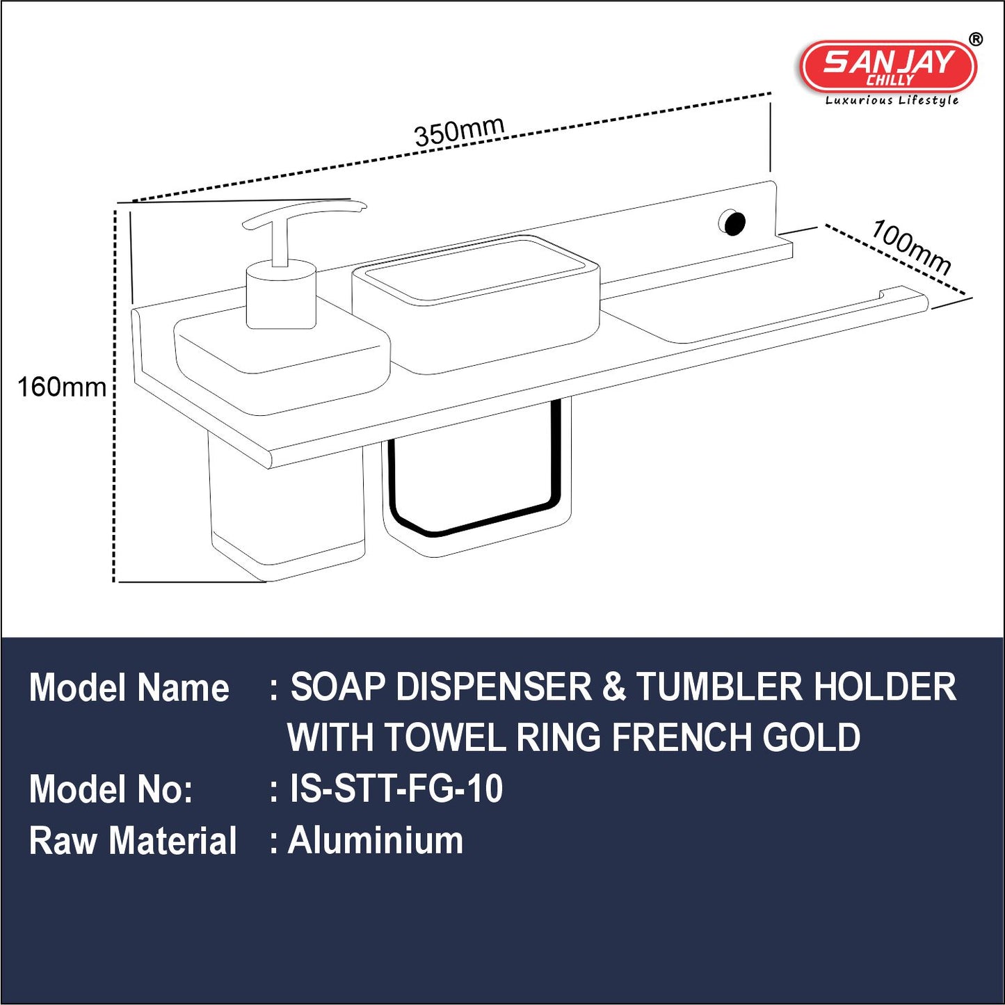 Soap Dispenser & Tumbler Holder With Towel Ring French Gold