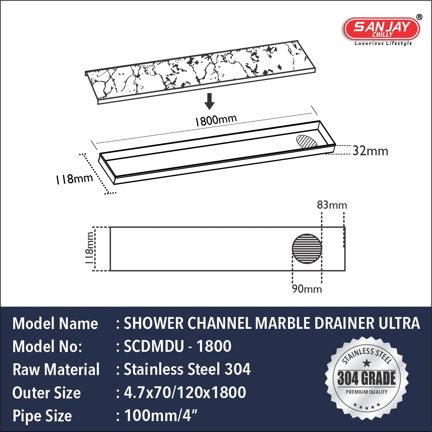 Shower Channel Marble Drainer Ultra