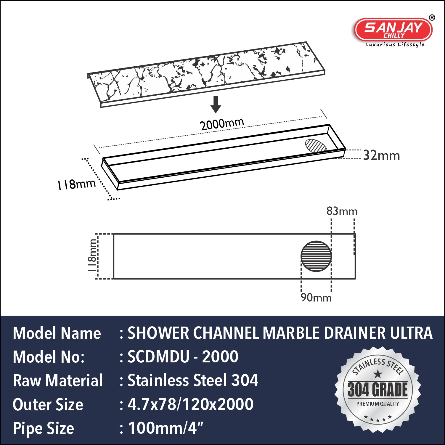 Shower Channel Marble Drainer Ultra