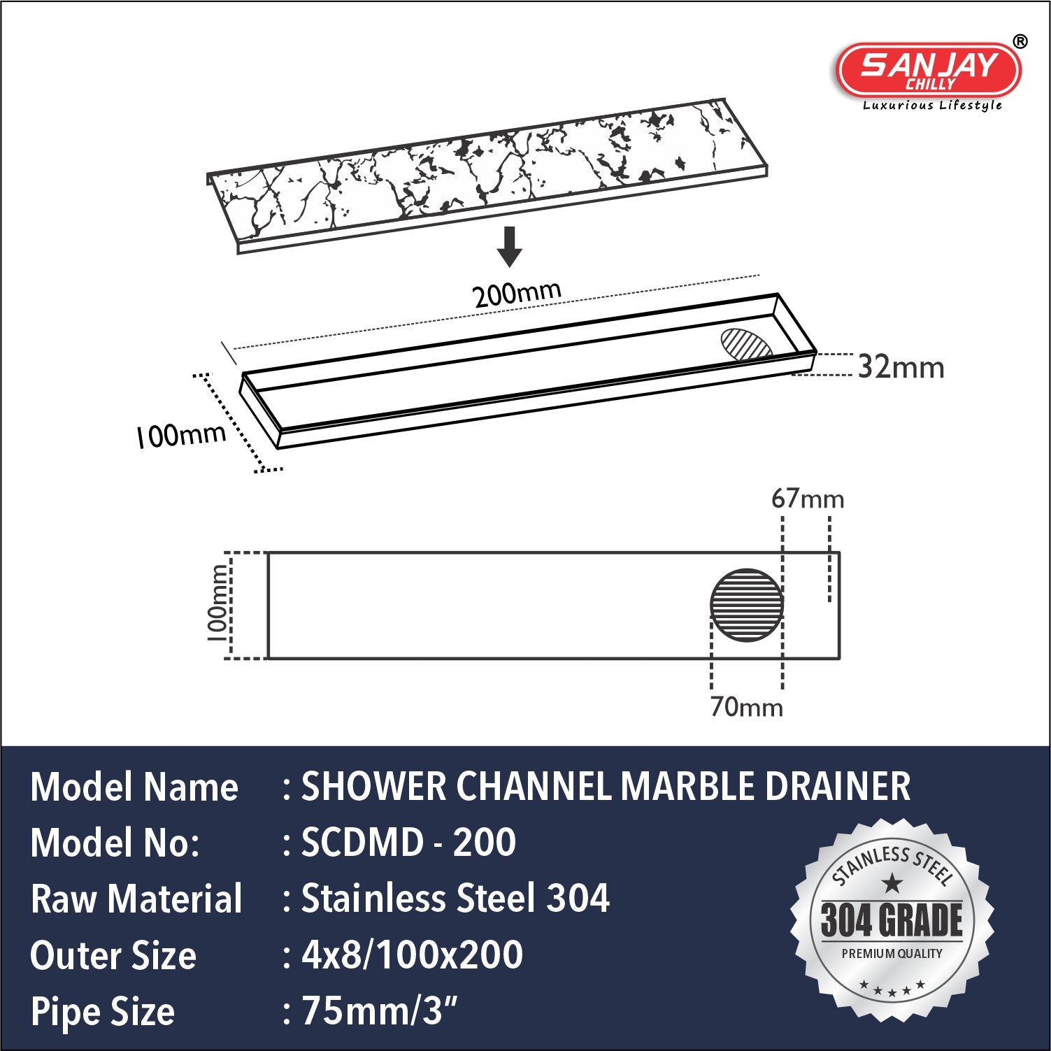 Shower Channel Marble Drainer