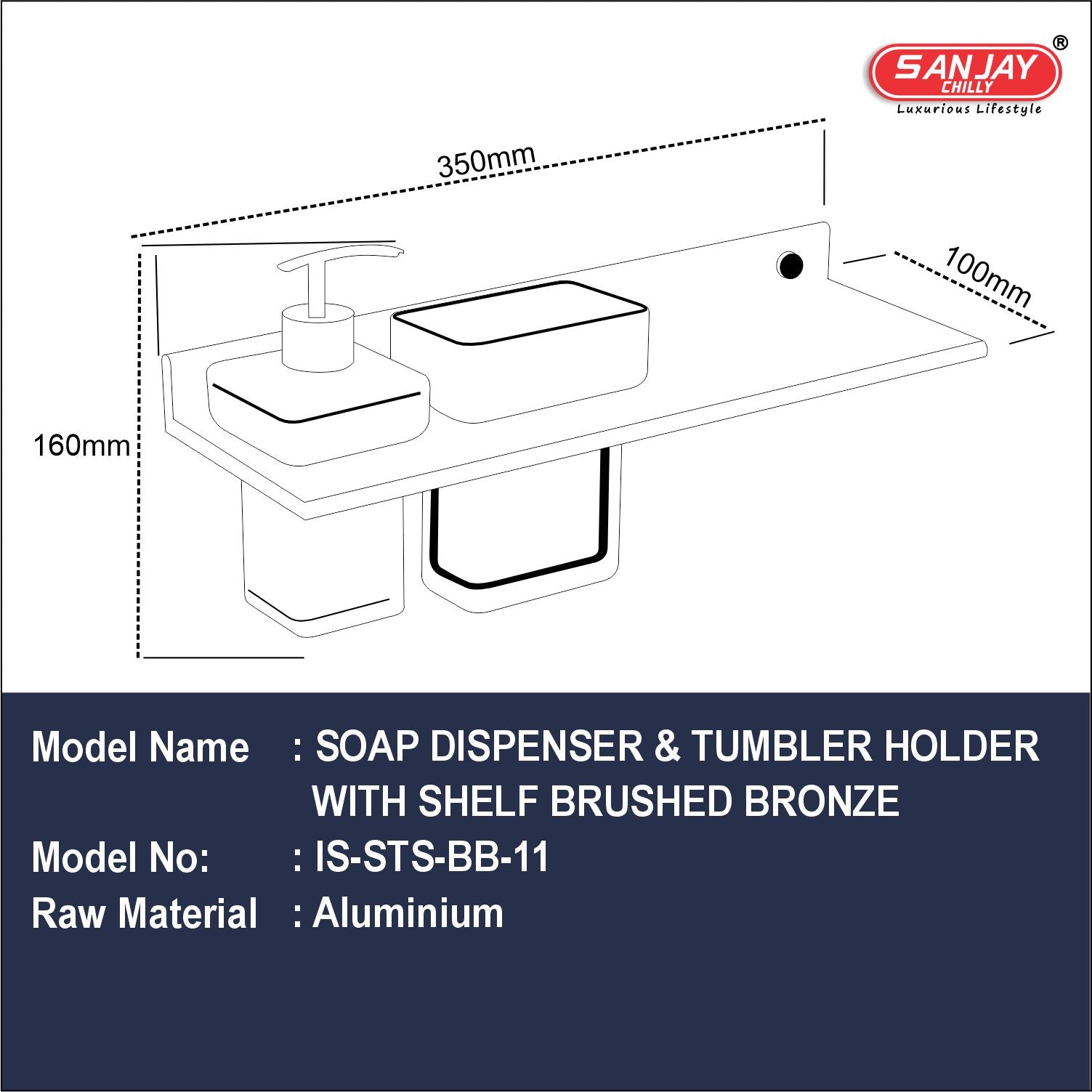 Soap Dispenser & Tumbler Holder With Shelf Brushed Bronze