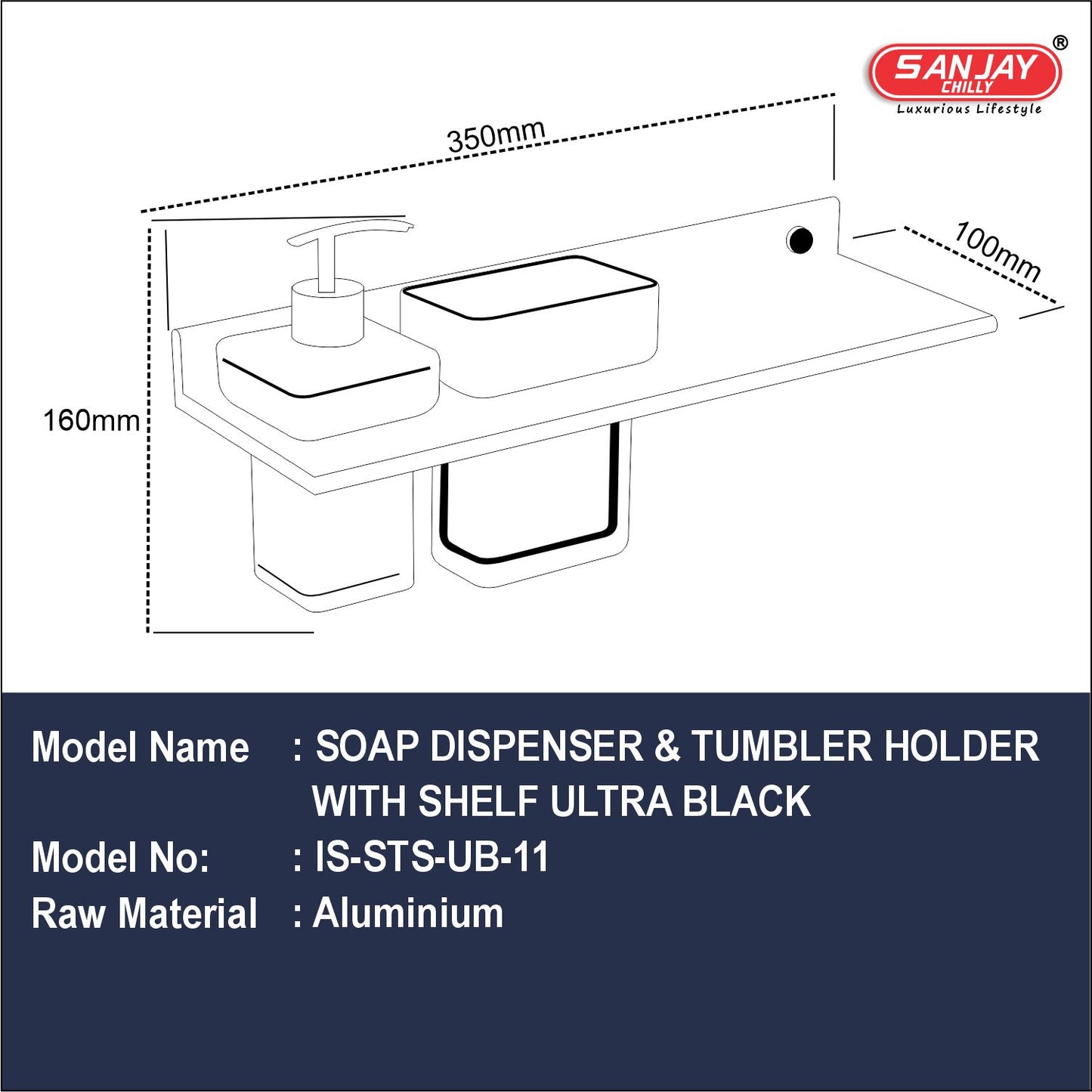 Soap Dispenser & Tumbler Holder With Shelf Ultra Black
