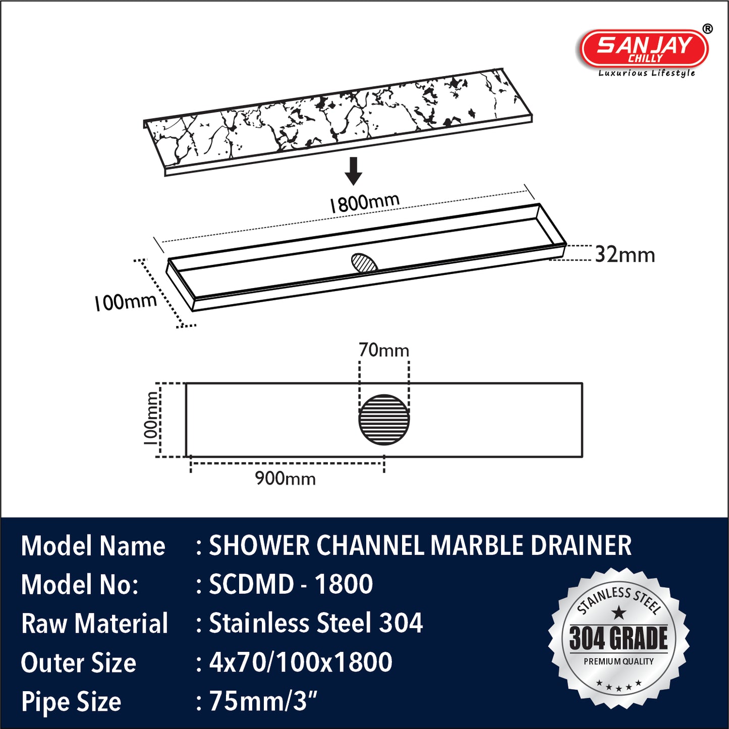 Shower Channel Marble Drainer
