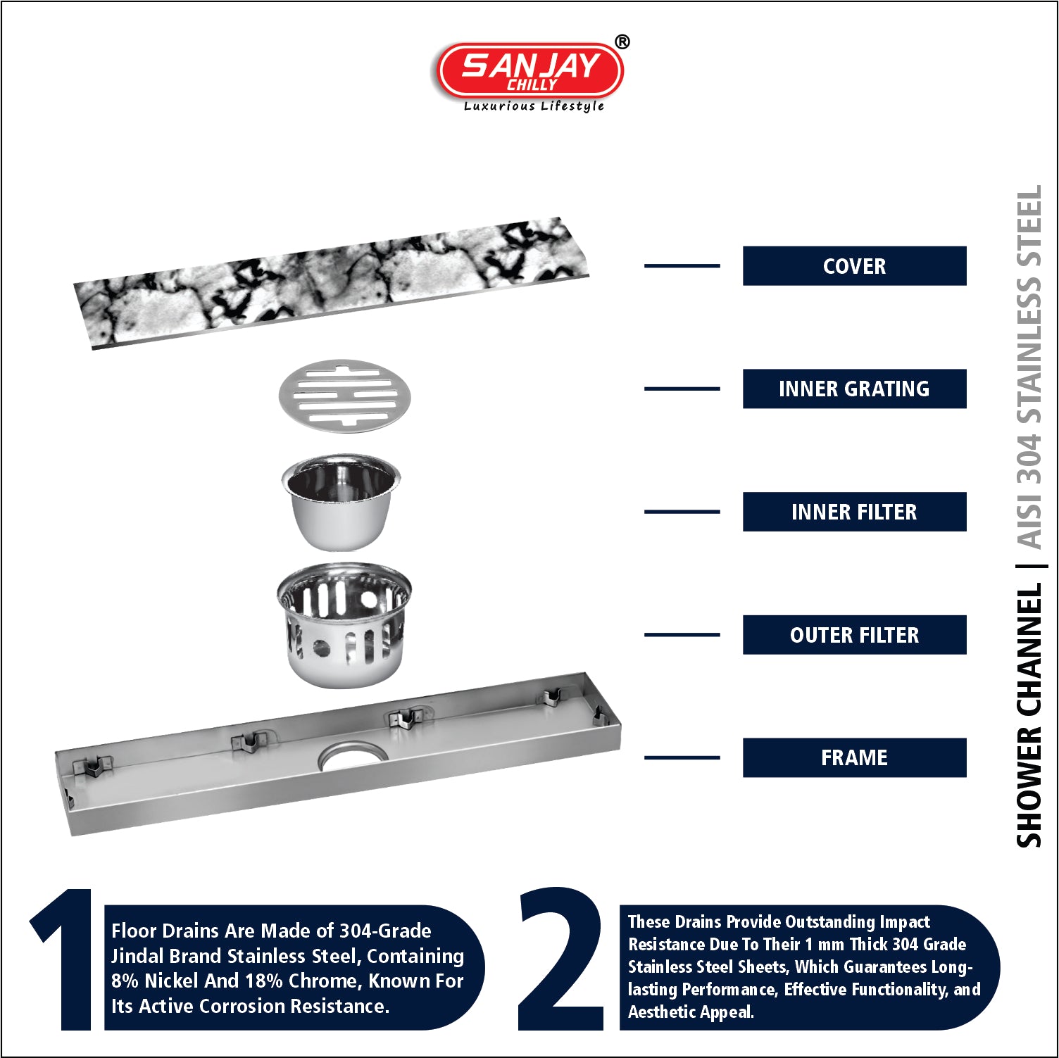 Shower Channel Marble Drainer