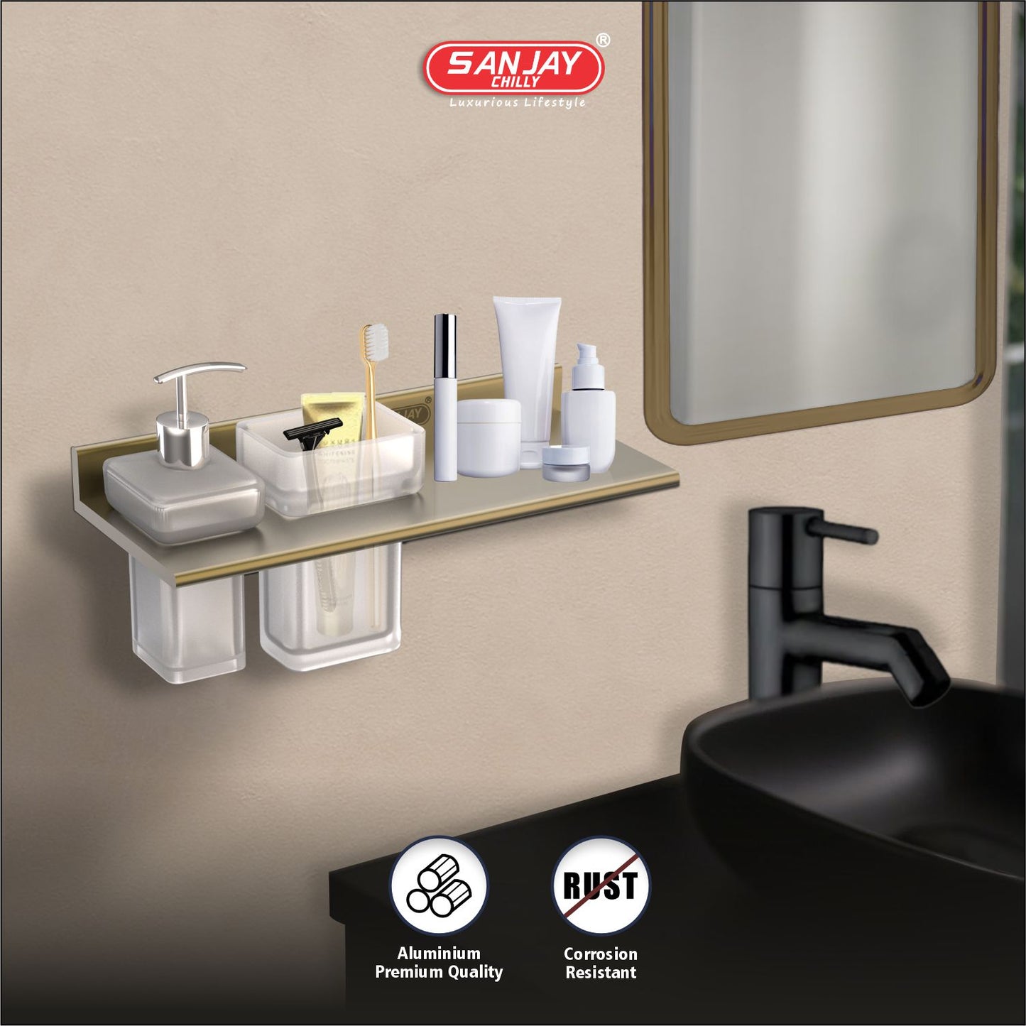 Soap Dispenser & Tumbler Holder With Shelf Brushed Bronze