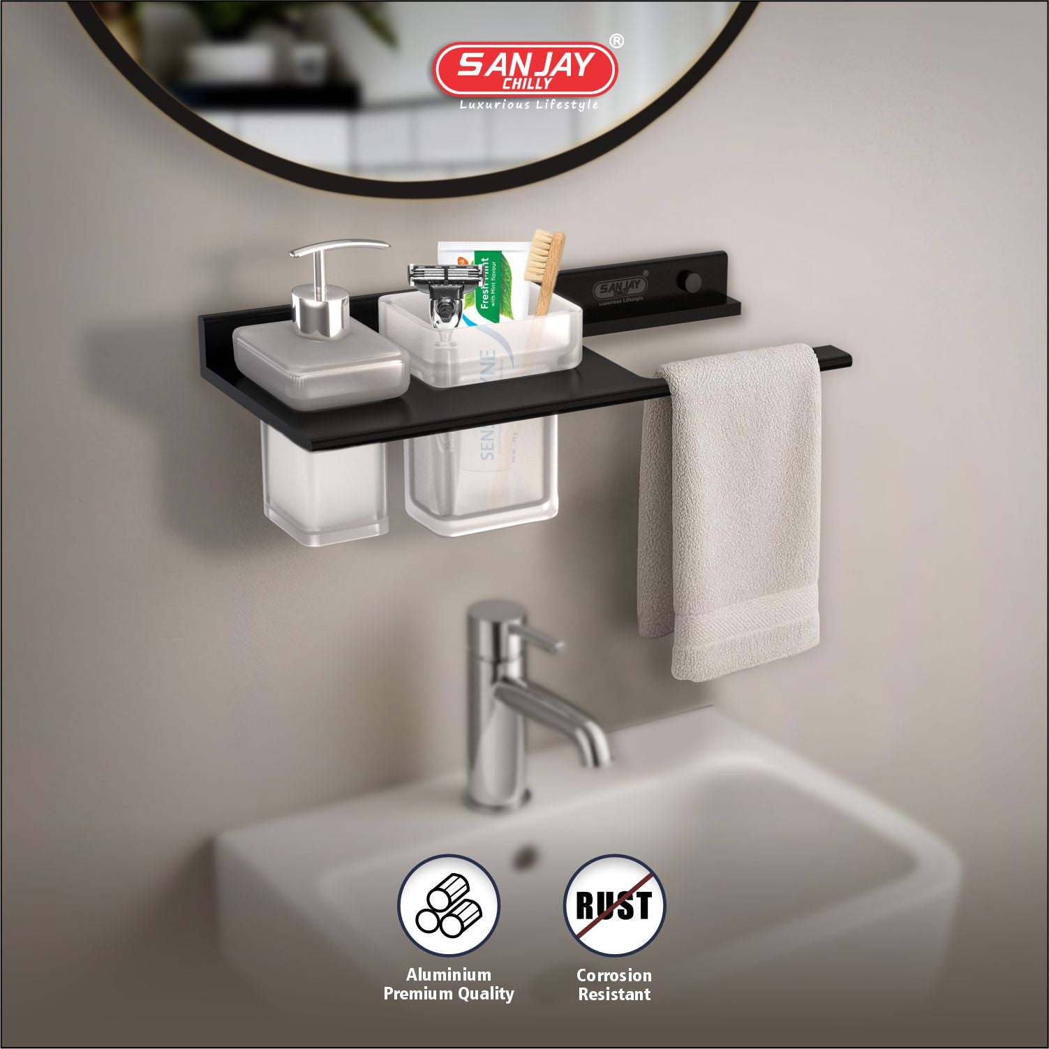 Soap Dispenser & Tumbler Holder With Towel Ring Ultra Black