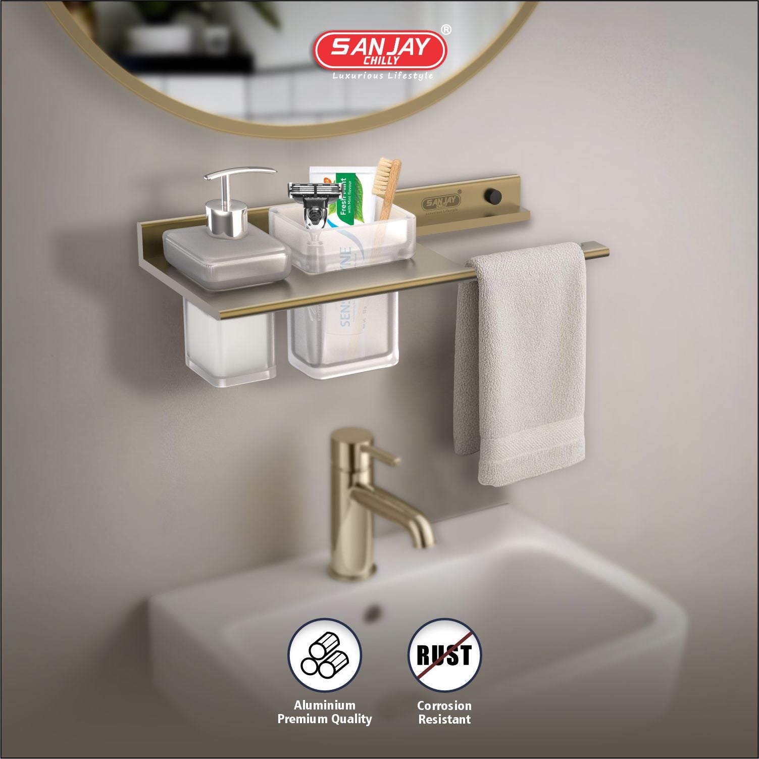 Soap Dispenser & Tumbler Holder With Towel Brushed Bronze