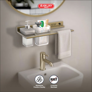 Soap Dispenser & Tumbler Holder With Towel Brushed Bronze