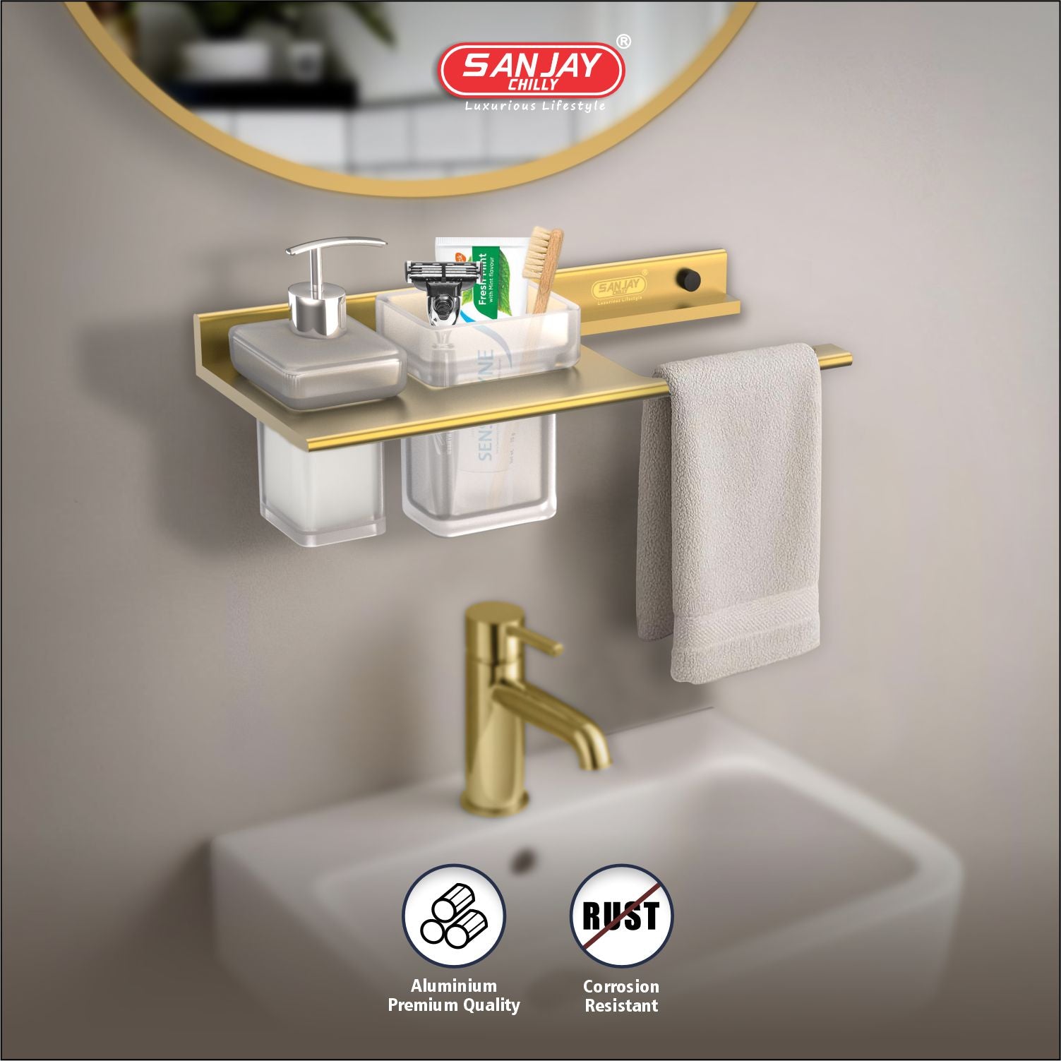 Soap Dispenser & Tumbler Holder With Towel Ring French Gold