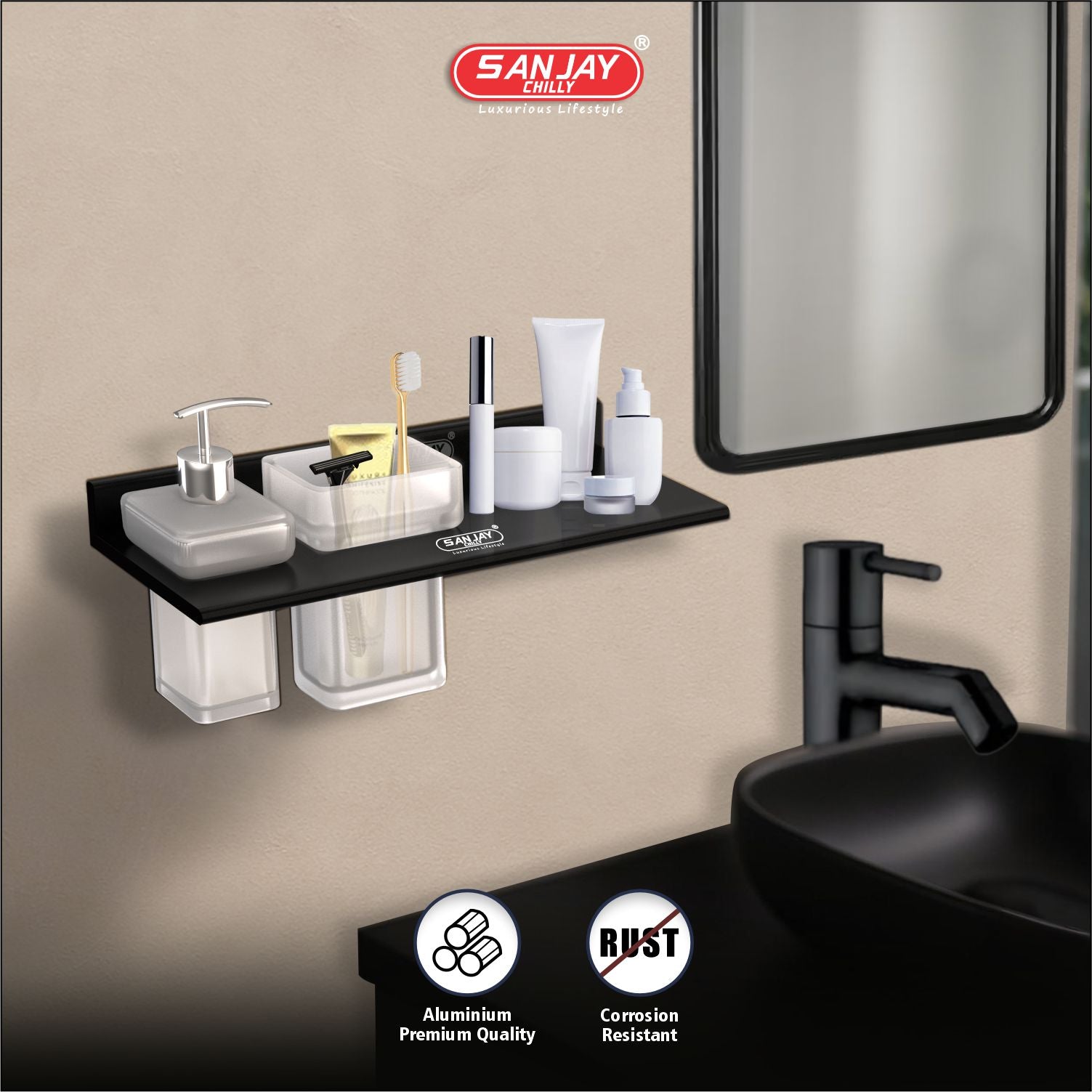 Soap Dispenser & Tumbler Holder With Shelf Ultra Black