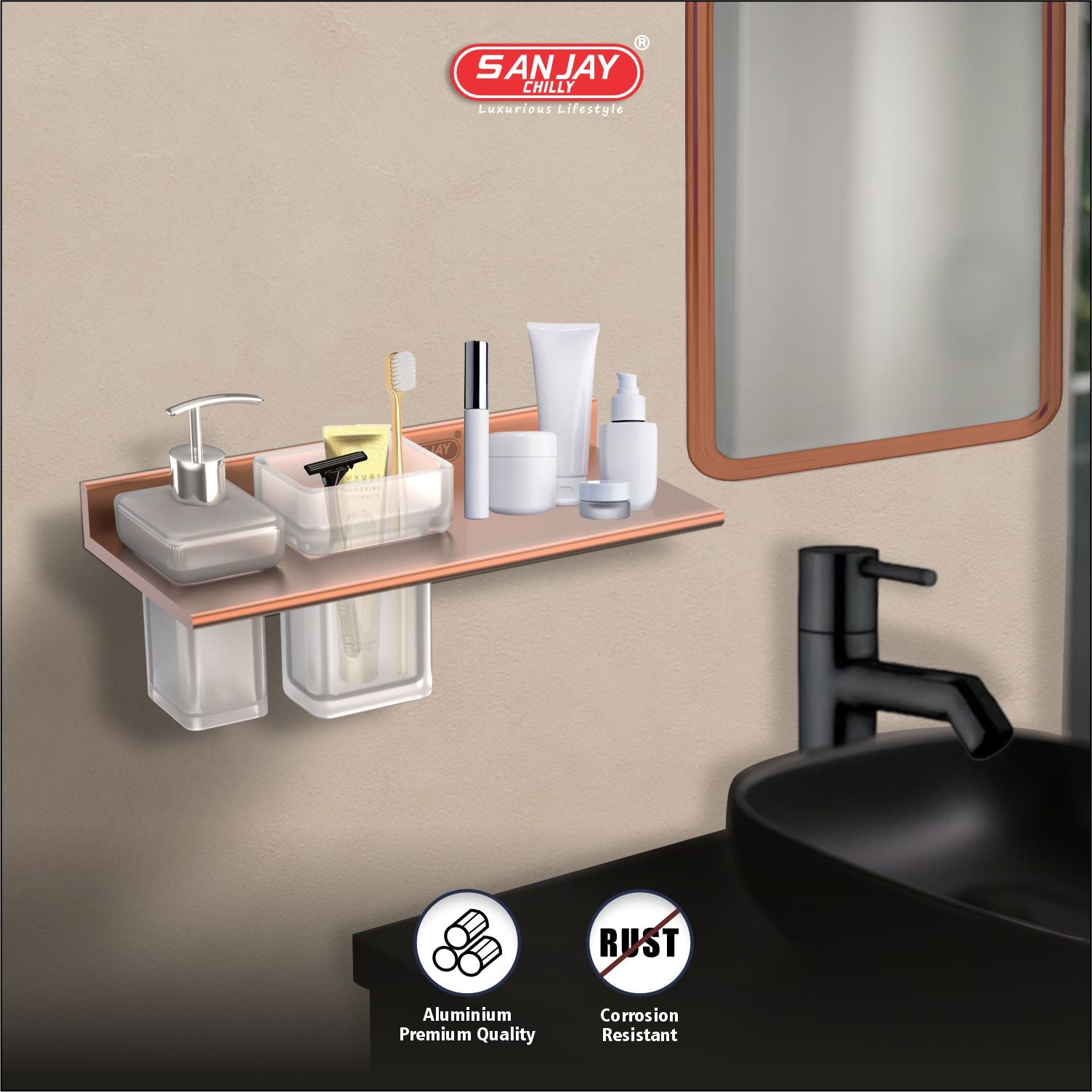 Soap Dispenser & Tumbler Holder With Shelf Rose Gold