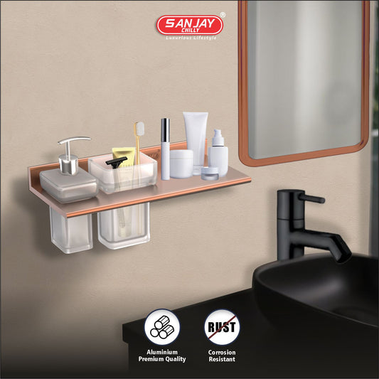Soap Dispenser & Tumbler Holder With Shelf Rose Gold