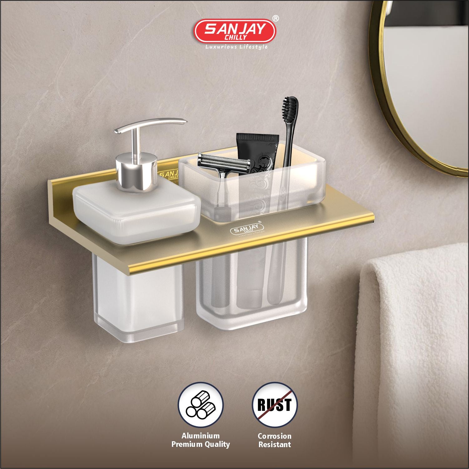 Soap Dispenser & Tumbler Holder Dual French Gold