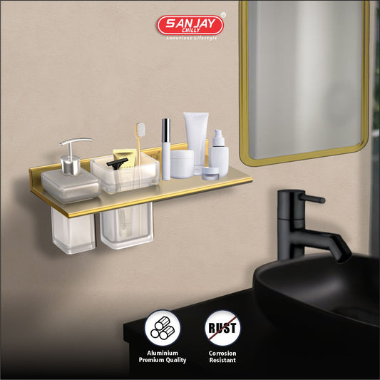 Soap Dispenser & Tumbler Holder With Shelf French Gold