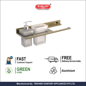 Soap Dispenser & Tumbler Holder With Towel Brushed Bronze