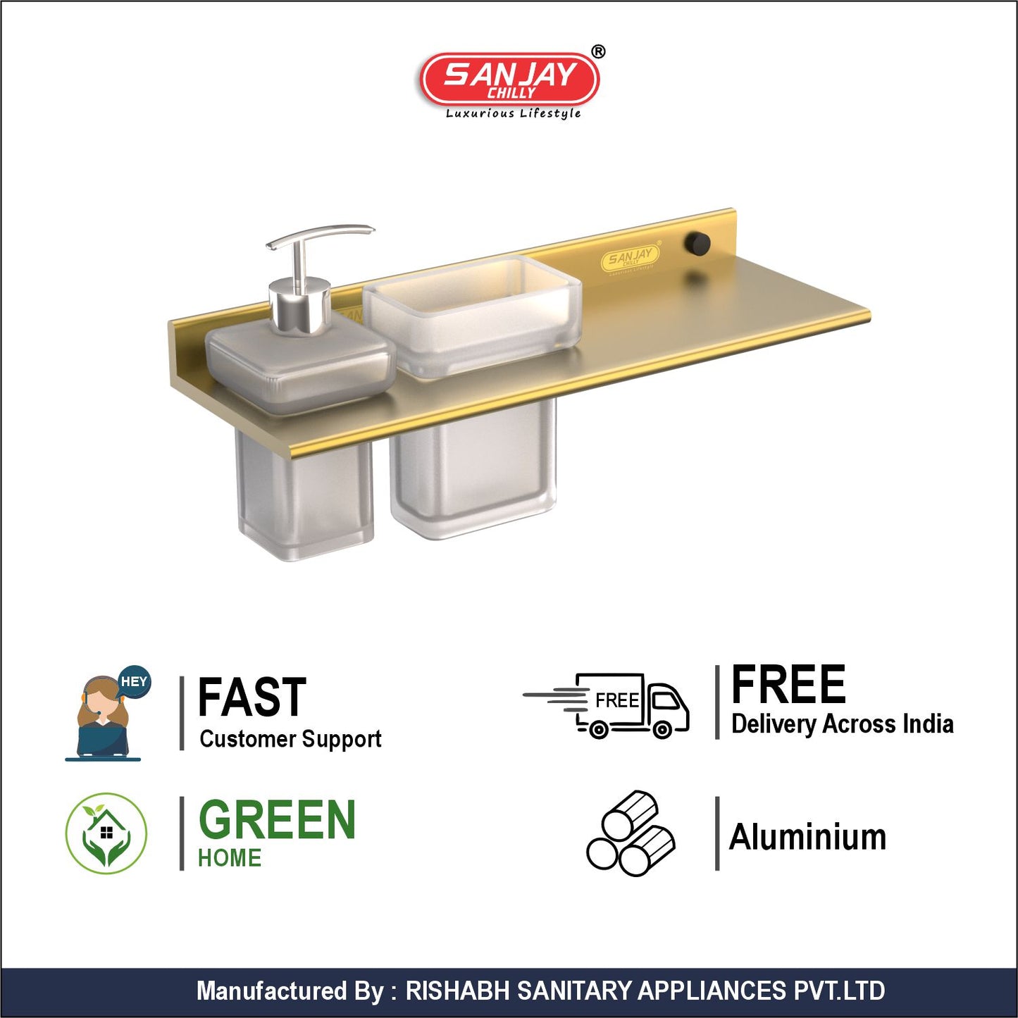 Soap Dispenser & Tumbler Holder With Shelf French Gold
